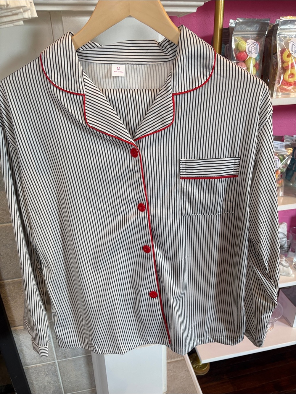 Striped Button-Up Pajama Top with Red Trim